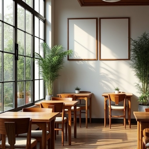 Café interior setup with large windows and two empty frames. Relaxing plants present. Wooden classic Italian tables and chairs displayed in modern style.