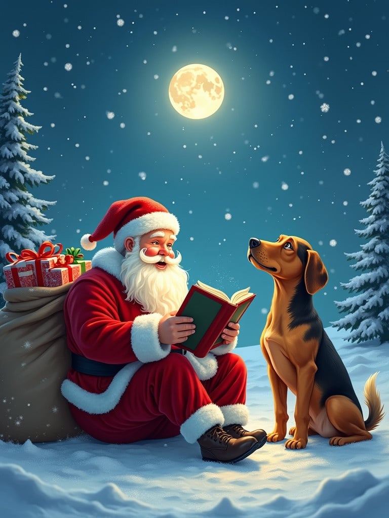 Santa Claus sitting in a snowy landscape reading a book. Beside him is a Bavarian Mountain Hound looking up at him. The moon shines brightly in the night sky and snowflakes fall around them. A large bag filled with gifts rests next to Santa.