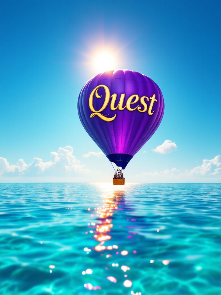 Vibrant hot air balloon floats over clear turquoise waters. Balloon is purple with the word 'Quest' in shiny gold letters. Bright sun shines in blue sky. Soft clouds dot the horizon. Sunlight sparkles on water.