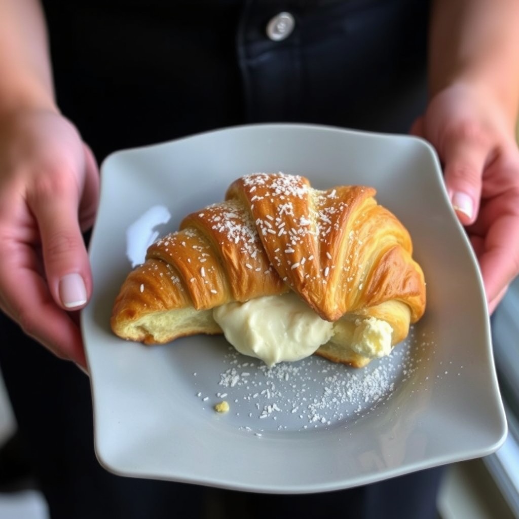 A freshly baked croissant filled with creamy custard and dusted with powdered sugar on a plate.