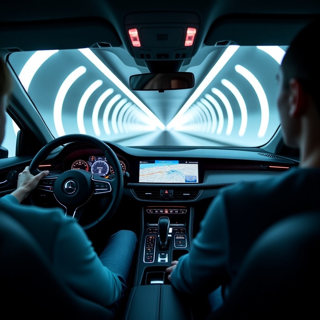 A person drives through a futuristic tunnel. Digital maps are displayed on a high-tech dashboard. The interior is sleek and modern with ambient lighting. Two people are in the car. A sense of speed and technology is present.