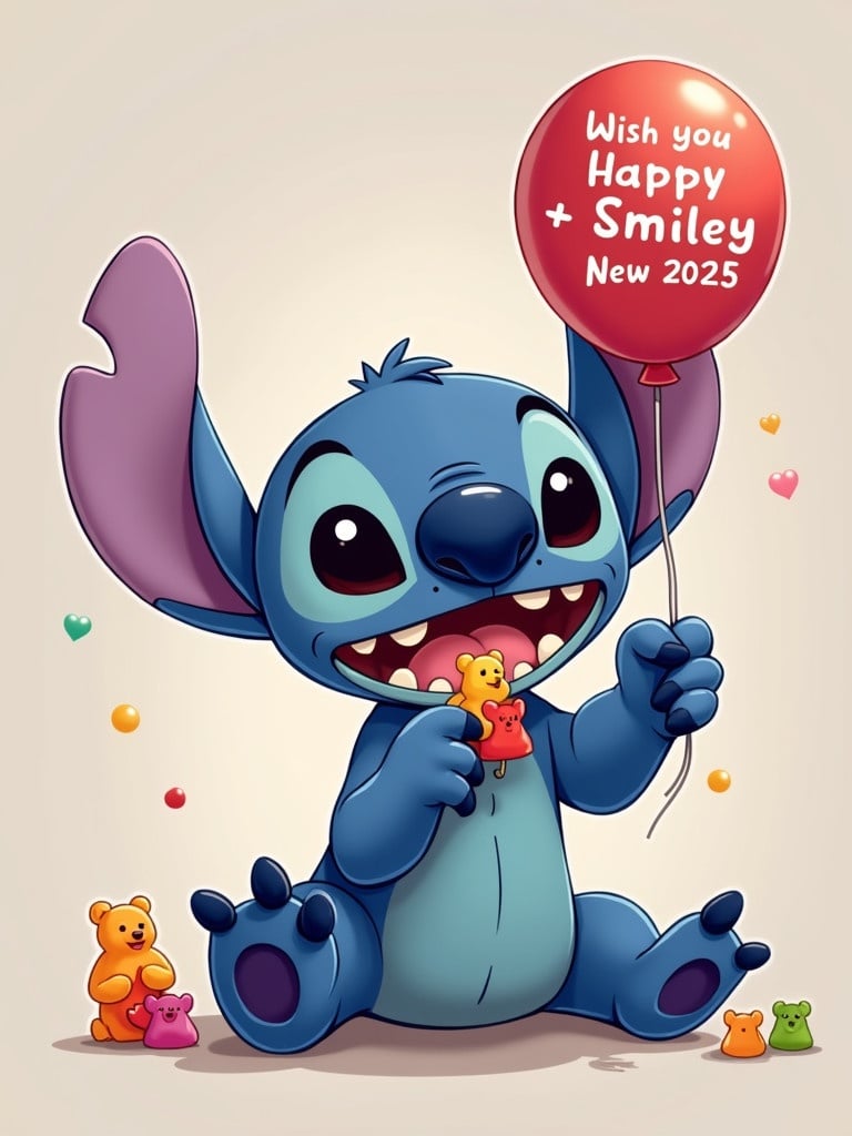 Cute blue alien character named Stitch with big ears smiles widely. Stitch sits with gummy bears in one hand. He throws gummy bears with a joyful expression. In the other hand, he holds a red balloon saying Wish you Happy and Smiley New 2025, Nika!