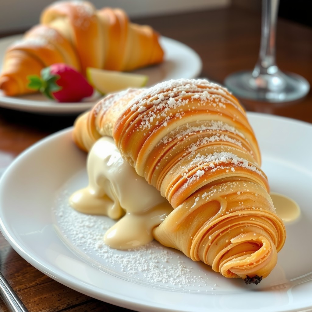 A beautifully layered croissant topped with powdered sugar and served with melting vanilla ice cream.