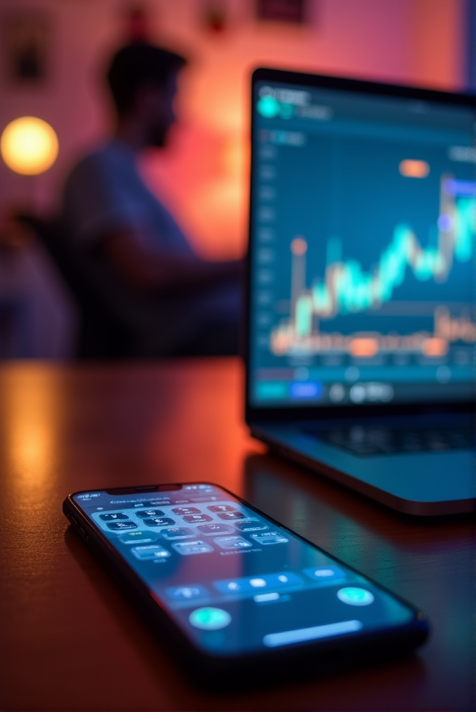 A smartphone and laptop display showing financial data in a dimly lit room with a blurred person in the background.