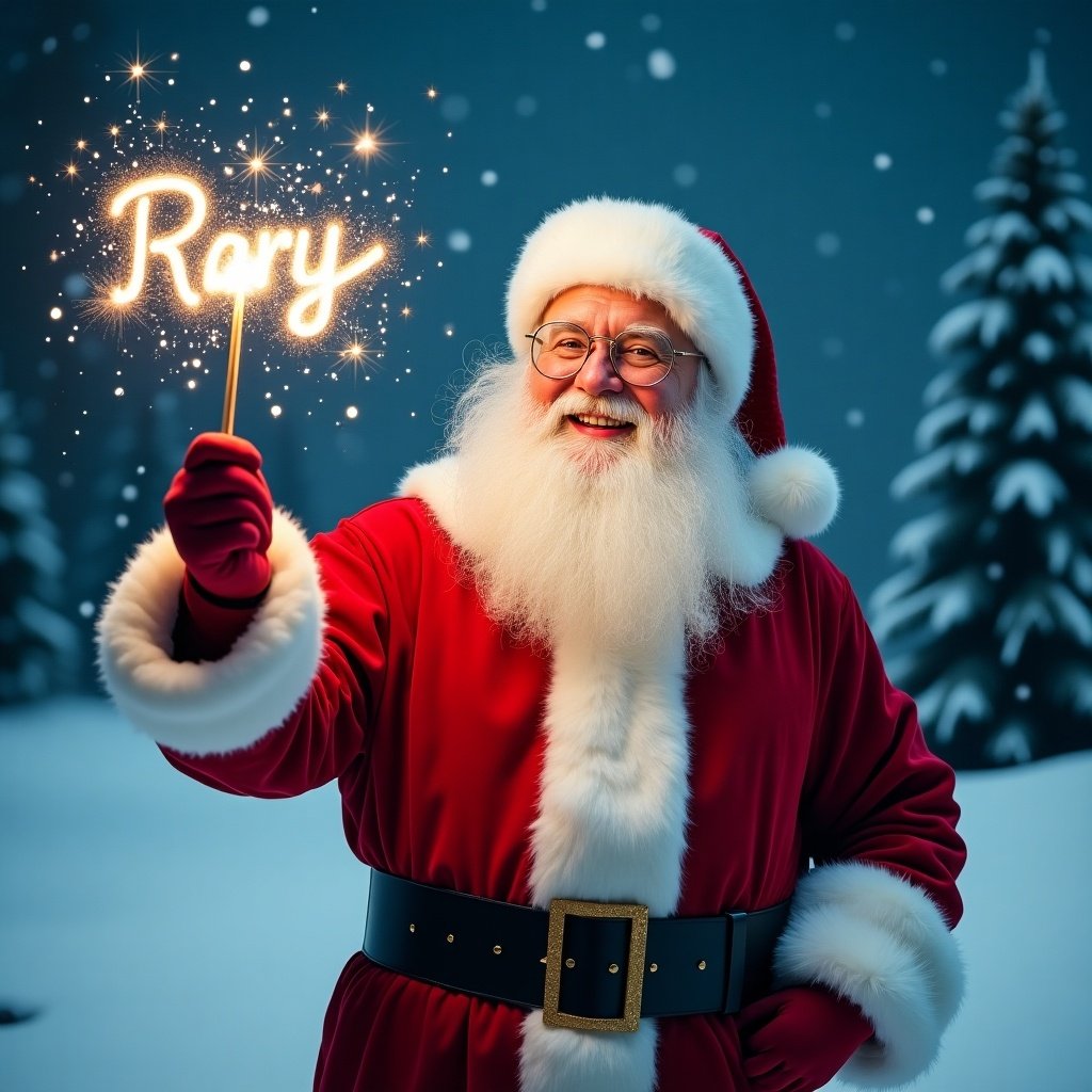 Santa Claus in a snowy landscape with a magical wand. Classic red suit and fur trim. Santa joyfully appears to be writing in the sky. Snow-covered trees and starry night background create a festive atmosphere.