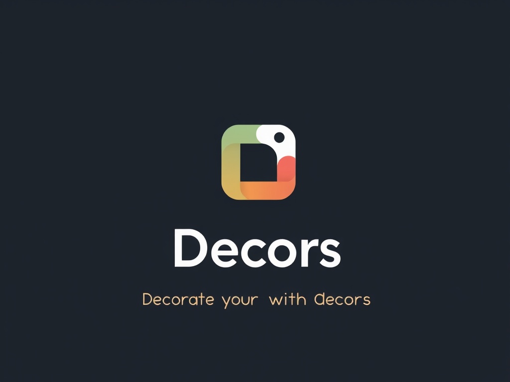 The image showcases a modern, minimalist logo design for 'Decors'. It features a stylized icon with a gradient color scheme that transitions from green to orange, set against a dark background. Below the icon, the text 'Decors' is displayed in a bold, clean font, accompanied by the tagline 'Decorate your with decors' in a lighter, more delicate typeface.