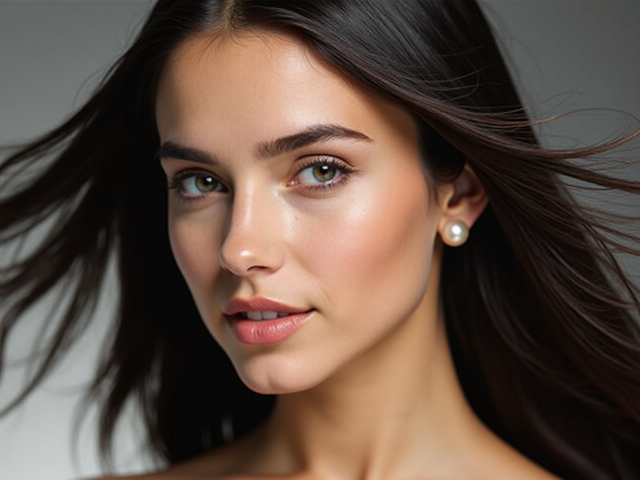 A close-up portrait of a young woman with flowing dark hair, pearl earrings, and a neutral background.