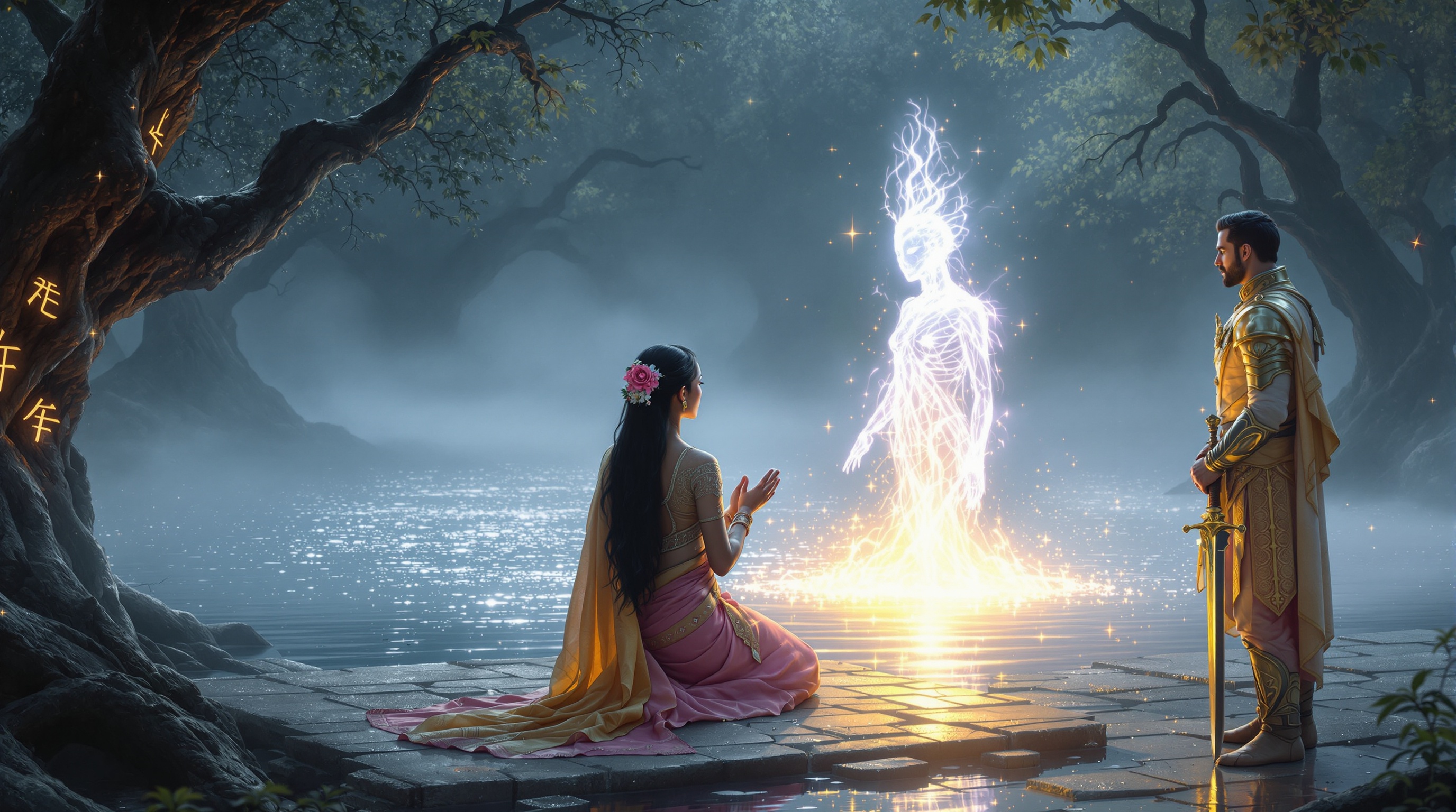 Scene depicting Queen Mriganjali performing a serene sacred ritual. Queen kneeling at the silver lake's edge, hands folded in prayer. Pink and gold saree glowing under moonlight. Floral gajra in long black hair. Chanting ancient mantras. Emanating golden light creating divine peace aura. Translucent Lake Spirit nearby glowing brighter. King Rudrasen in golden armor observing. Surrounding forest responding to ritual, mist lifting, atmosphere tranquil.