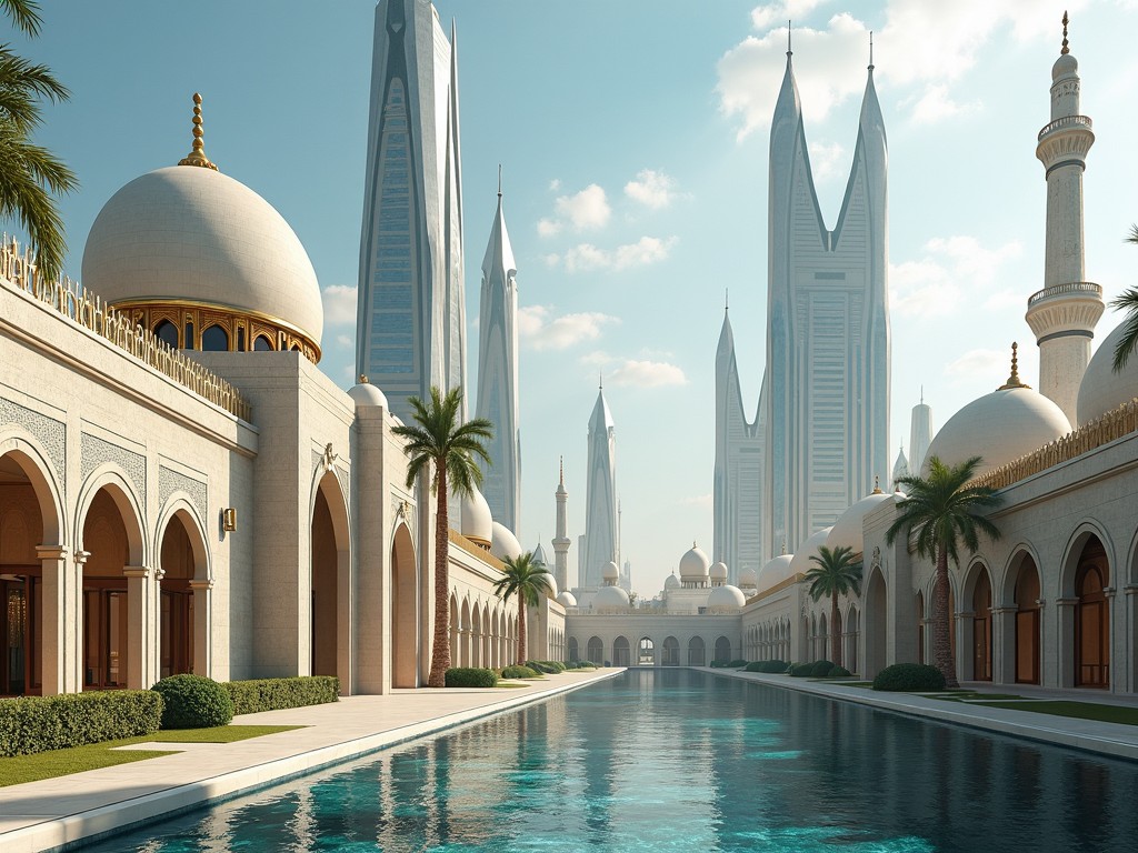 futuristic cityscape with blend of modern skyscrapers and traditional Middle Eastern architecture, featuring domes and a reflecting pool