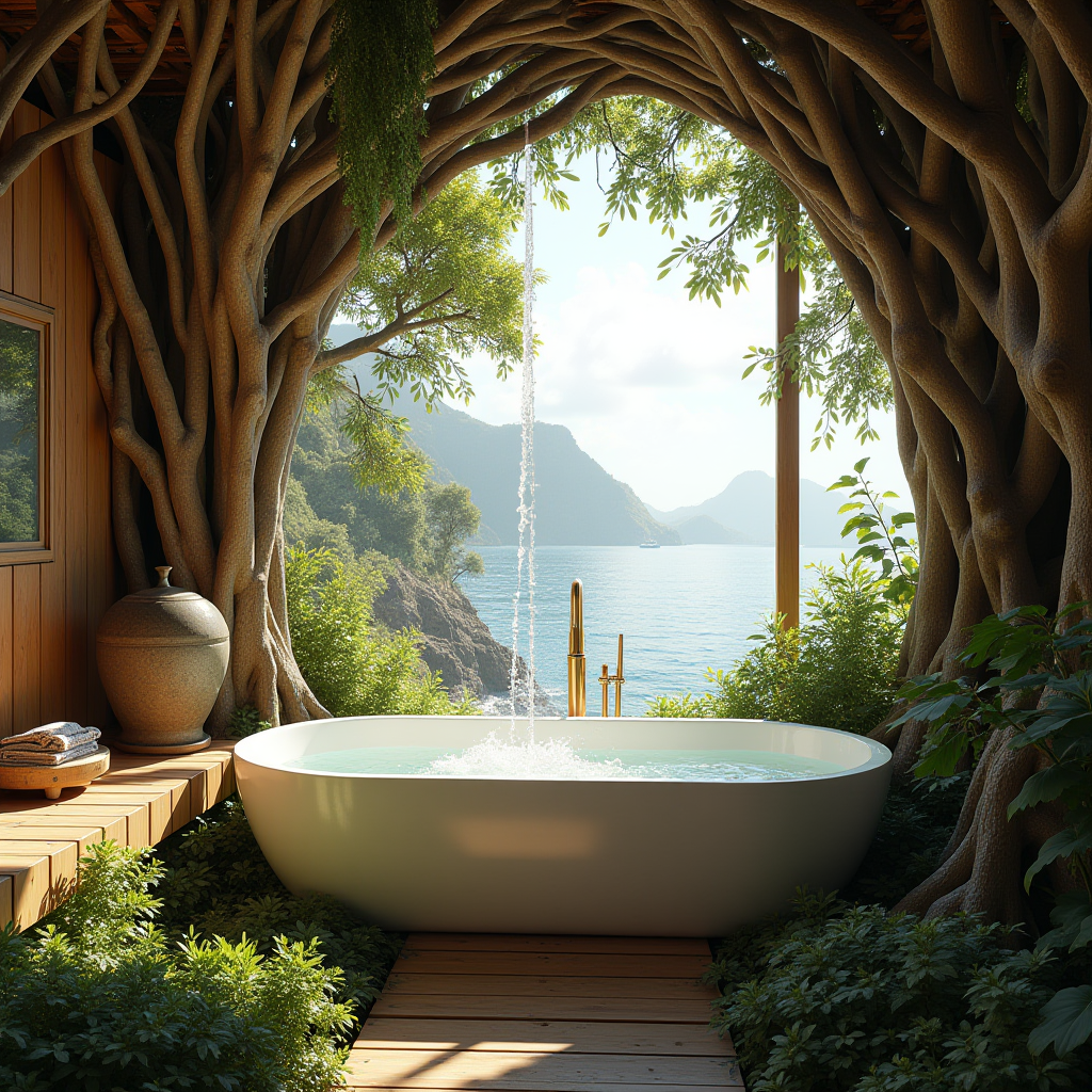 A tranquil outdoor bathtub surrounded by lush greenery and a view of the ocean.