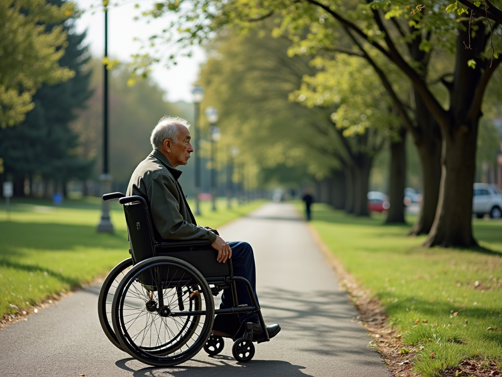 An elderly man in a wheelchair enjoys a peaceful day in a sunlit park, framed by rows of lush trees and a paved path.