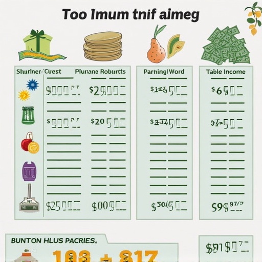 Illustrative income tracking sheet. Contains sections for various income sources. Includes visual symbols for money and finance. Designed with green, yellow, and orange colors. Layout is structured and easy to read. Ideal for learning about personal finance.