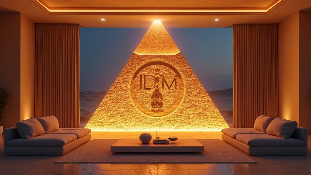 A modern, luxurious lounge room with a central illuminated pyramid wall. The wall features a stylized emblem with initials 'JDM'. Deep seating couches flank a central minimalist coffee table. The lighting is warm and ambient, creating a soothing atmosphere. The floor-to-ceiling windows reveal a serene, distant landscape under a soft evening sky.