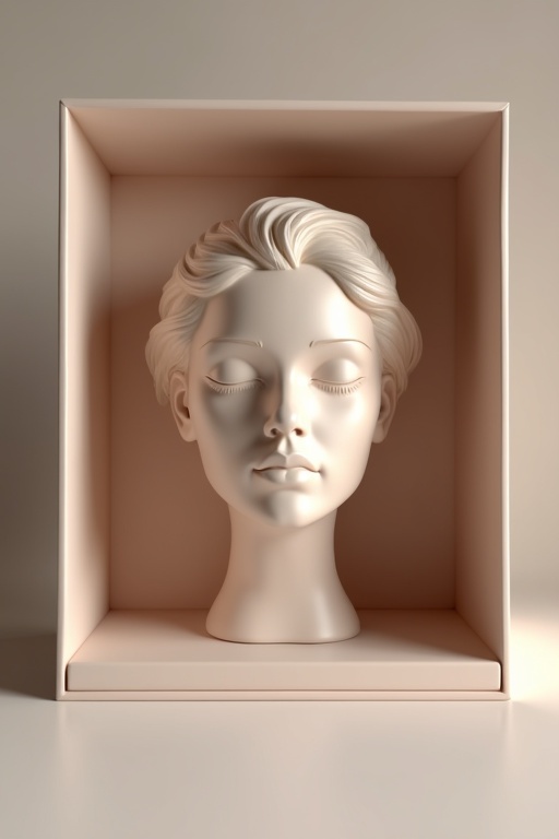 A realistic female head is enclosed in a soft neutral-toned box. The design of the box is modern and elegant. Soft lighting highlights the features of the head. The focus is primarily on the head and the box design.