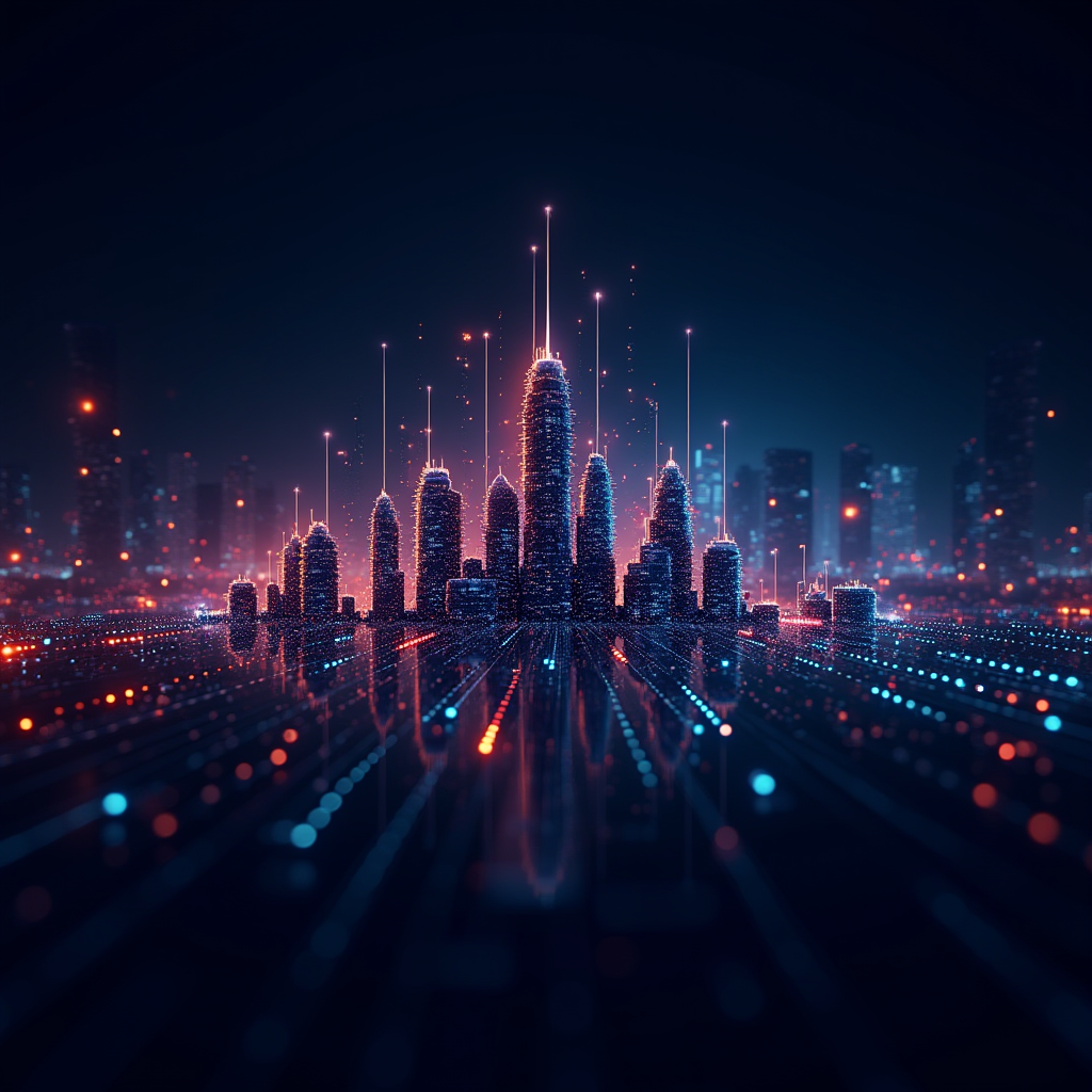 A futuristic cityscape illuminated with glowing digital networks in a nighttime setting.