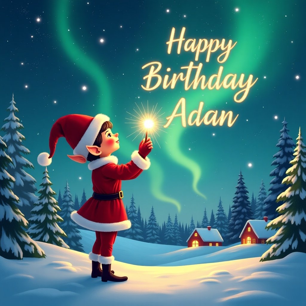 An elf gazes at a magical sky wearing a red outfit. The elf holds a sparkling wand and writes 'Happy Birthday Adan' in the sky. Background contains a snowy landscape with houses and evergreen trees under Northern Lights. Scene reflects childhood magic and Christmas cheer.