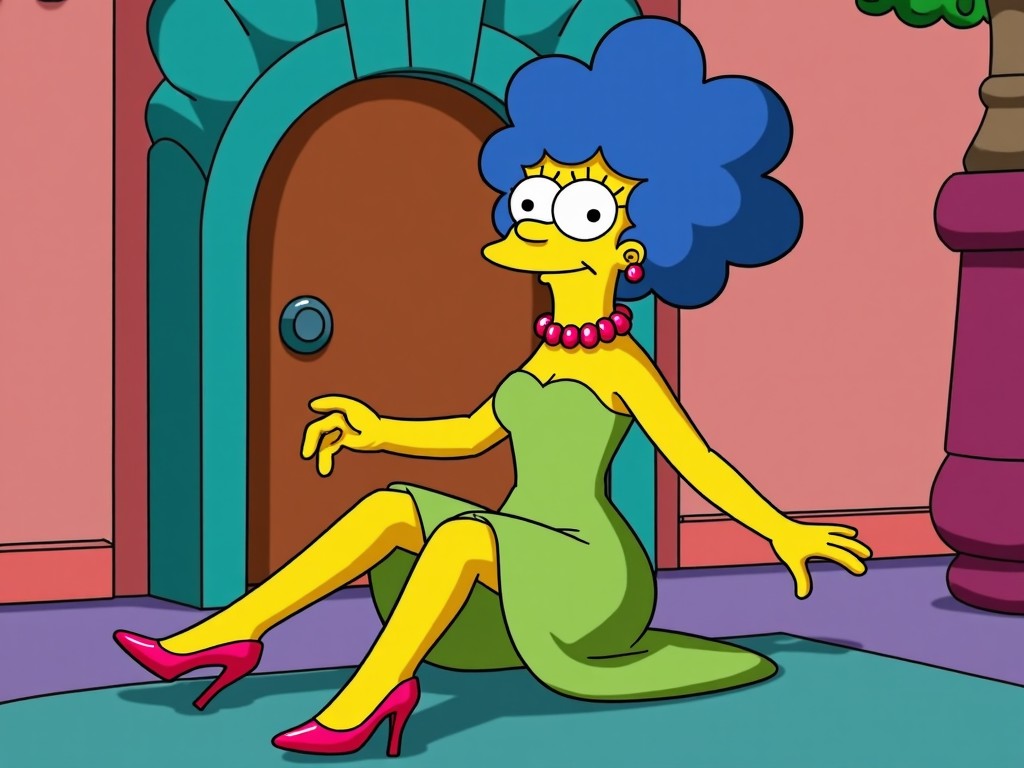 This image features Marge Simpson, a beloved character from the animated series 'The Simpsons'. She is depicted wearing a stunning green gown complemented by very beautiful high heels. Marge has her signature blue hair styled in a voluminous manner. The setting is vibrant and reflects the colorful world of Springfield. Her pose and expression capture her iconic style and personality. This scene is perfect for discussing fashion in animation and character design.