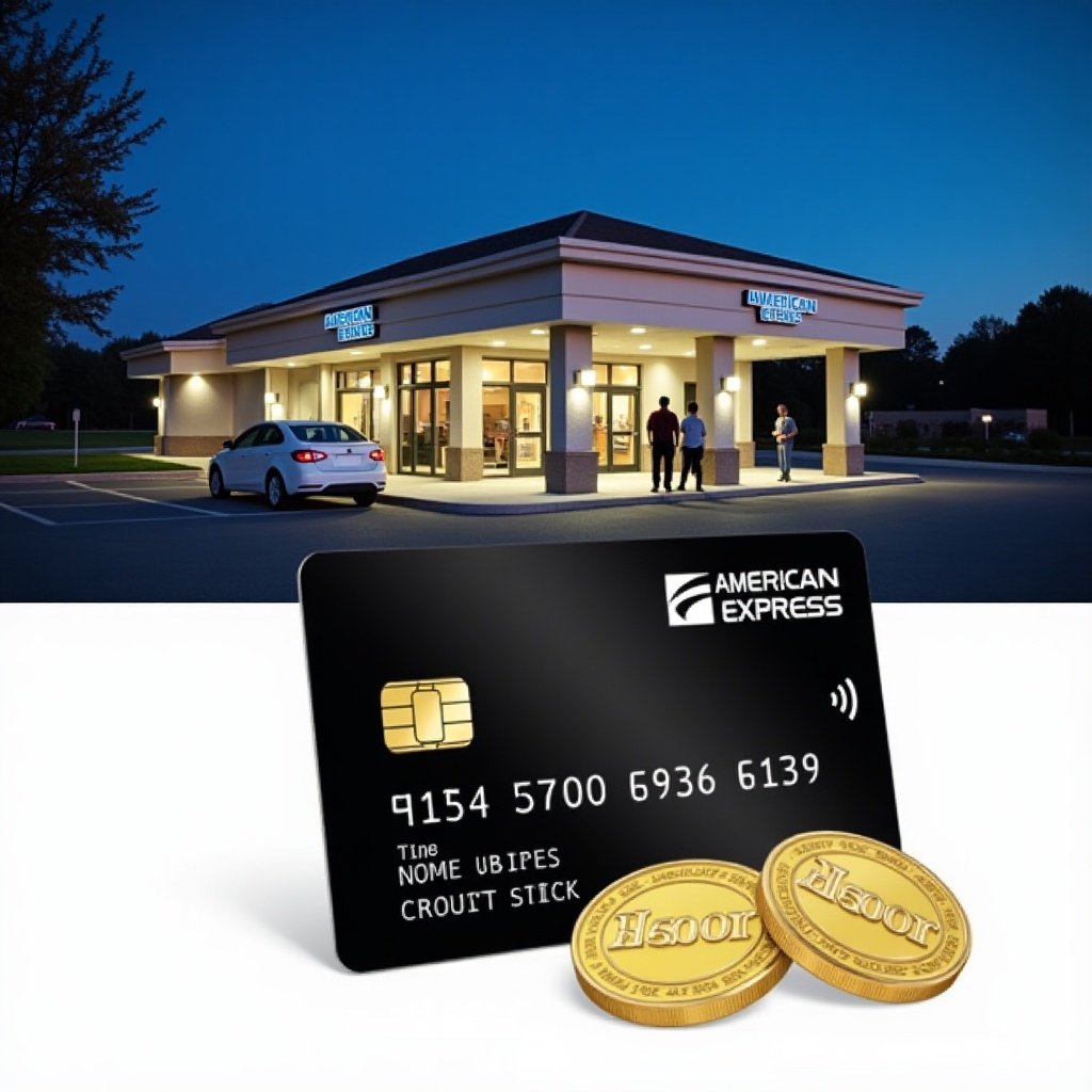 American Express credit union building features drive-thru service. Clear blue sky behind. Customers stand outside. Night view with lighting highlights. A sleek black debit card displayed on a white background. Includes a gold chip and magnetic stripe. Two gold coins accompany the card. Card number and name visible. Image suggests modern banking sophistication.