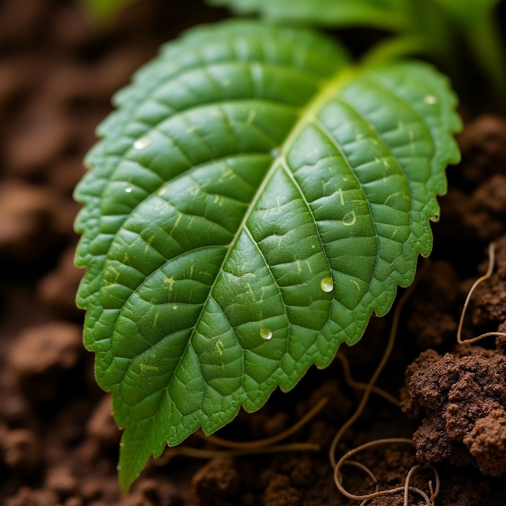 Close-up image of a leaf with water droplets on it. The leaf sits on brown soil with visible textures. The focus is on the detail of the leaf's surface and structure.