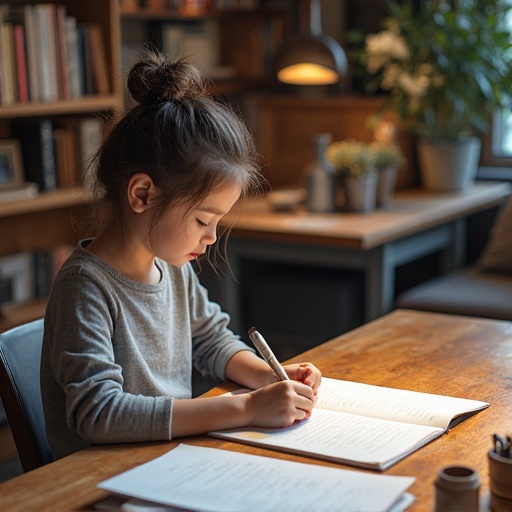 Child sits at a wooden desk. Child writes in a notebook. Warm light fills the room. Shelves filled with books in the background. Inviting study environment.