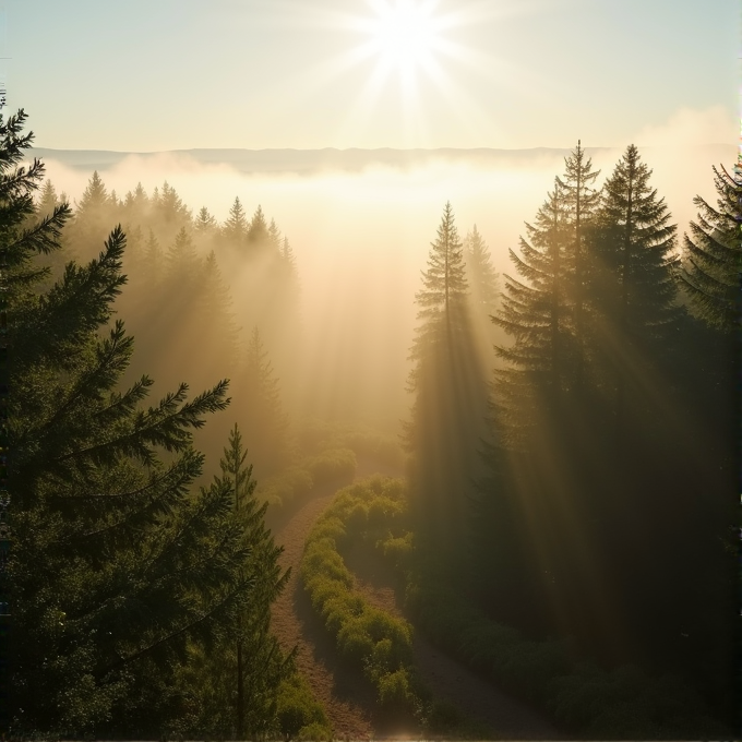 Sunlight streams through tall trees, illuminating a foggy forest path.