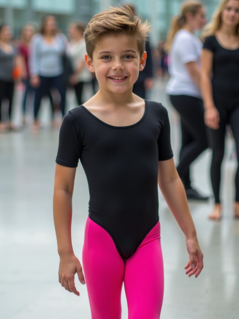 Teenage boy wears black leotard and pink leggings. He stands among dancers in a public space.