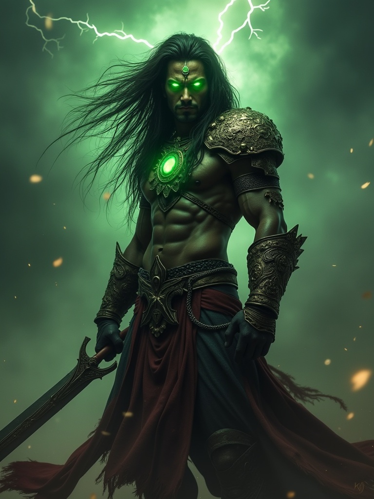 Mighty warrior Ashwatthama stands in a mystical battlefield. Fierce eyes glow with green light. Clad in ancient armor marked by countless wars. Divine gem Mani embedded in forehead radiates energy. Long hair flows in wind as he grips a massive sword. Background features dark stormy sky with lightning. Dramatic shadows create a sense of power and tragedy.