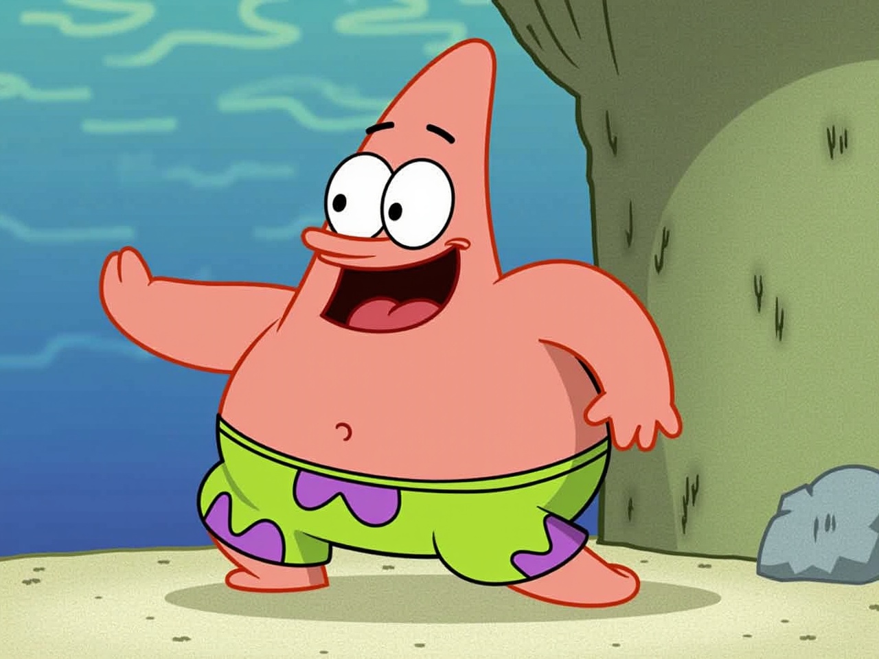 This image features a cheerful pink starfish character known for his goofy personality. Patrick Star, from the beloved animated series 'SpongeBob SquarePants', is shown waving happily. He is wearing bright green shorts with purple spots, adding to his playful demeanor. The background is an underwater scene, typical of the show's setting. The overall vibe of the image is fun and light-hearted, appealing to children and fans of the series.