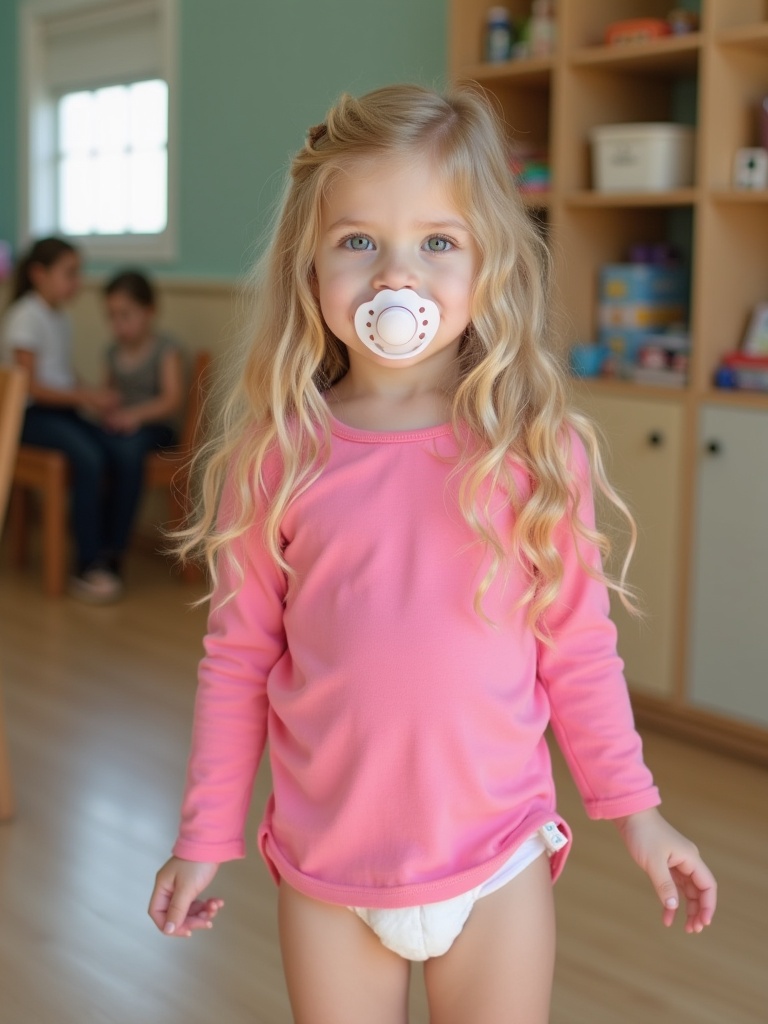 An 8-year-old girl with long blonde hair stands in a daycare. She wears a pink shirt and diapers. A pacifier is present in her mouth. She looks directly at the camera.