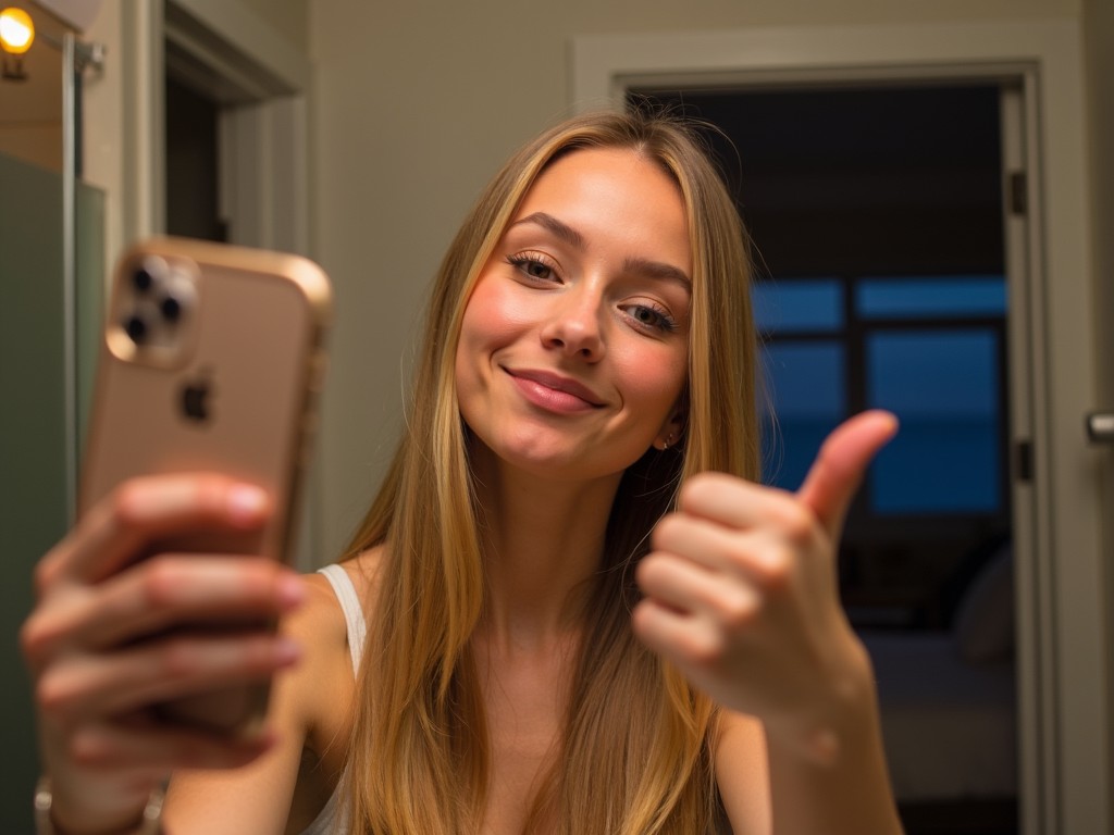 A young woman is taking a selfie with a thumbs up hand sign. She has long, straight blonde hair and is wearing the same makeup as before, with bright eyes and a subtle lip color. The setting is a bathroom at night, illuminated by the lights above, creating a warm glow. The dark bedroom can be seen in the background through the open bathroom door. The phone is angled slightly upwards capturing her cheerful expression and the ambiance of the scene.