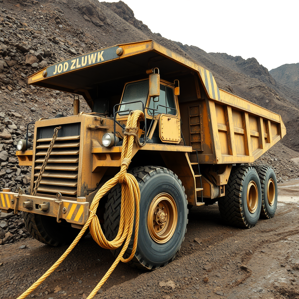 A large, yellow dump truck with a massive rope is parked on rocky terrain.