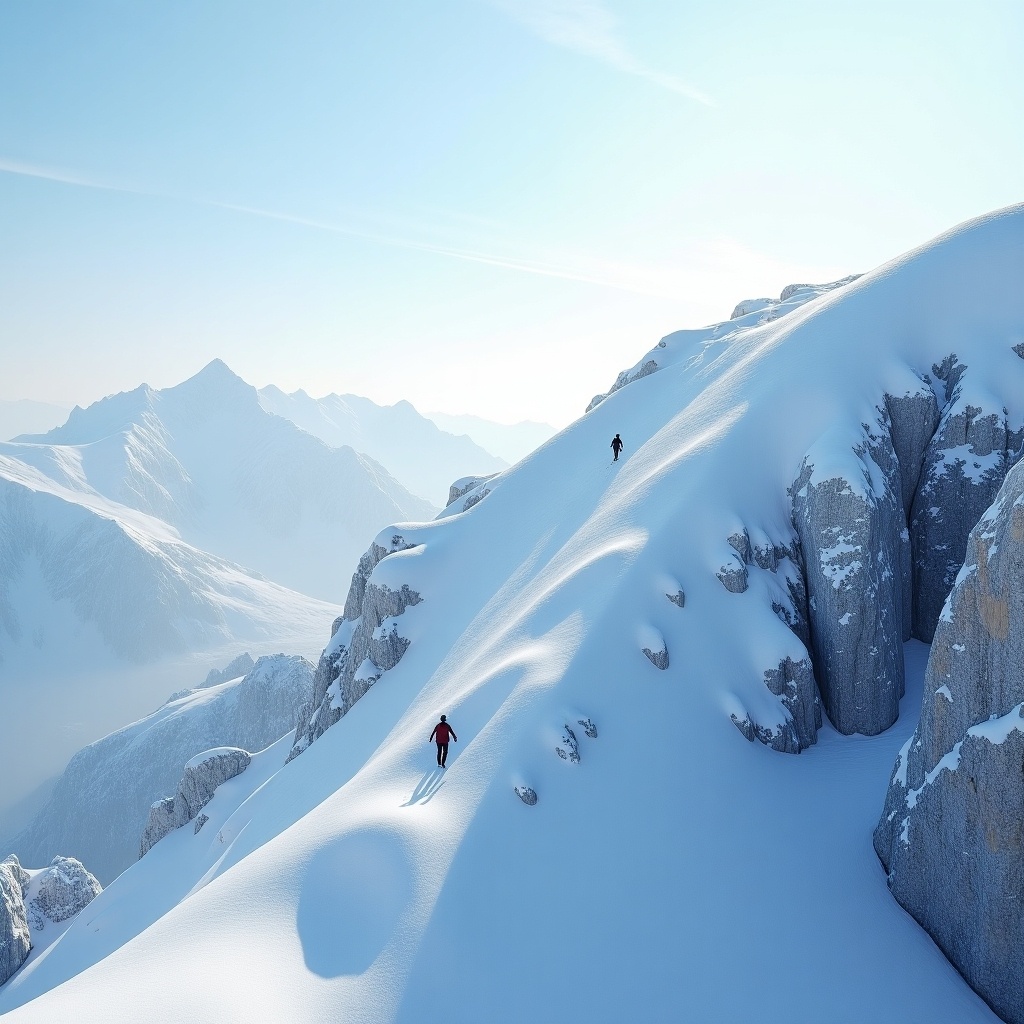 Frosty mountain slope is climbable with climbers present. Two figures ascend the snowy terrain under a clear sky.