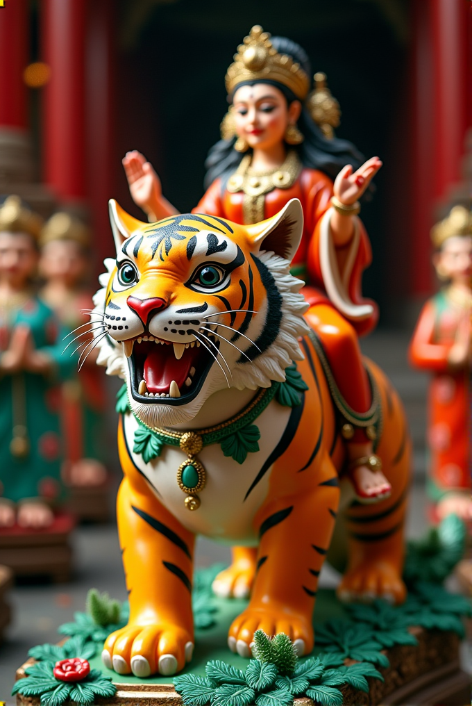 A statue of a goddess with multiple arms riding a fierce tiger.