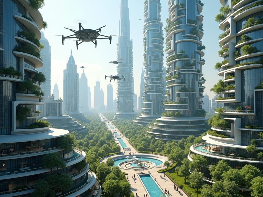 Create a futuristic cityscape viewed from above, focusing on the central area of the city. Highlight towering skyscrapers with innovative designs and integrated greenery. Show futuristic vehicles, like flying drones and transport pods, navigating the city airspace. Capture the bustling city square with modern architecture, fountains, and green spaces. Convey an advanced infrastructure with solar panels and smart technology integration throughout the city.