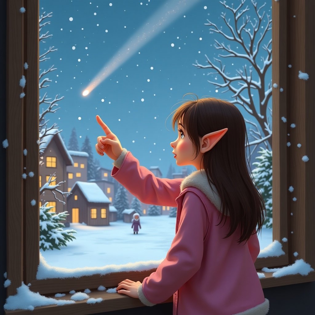 A cute fair-skinned elf with pointed ears and long brown hair looks out the window wearing pink. She points at a shooting star. Snow falls on a distant town.