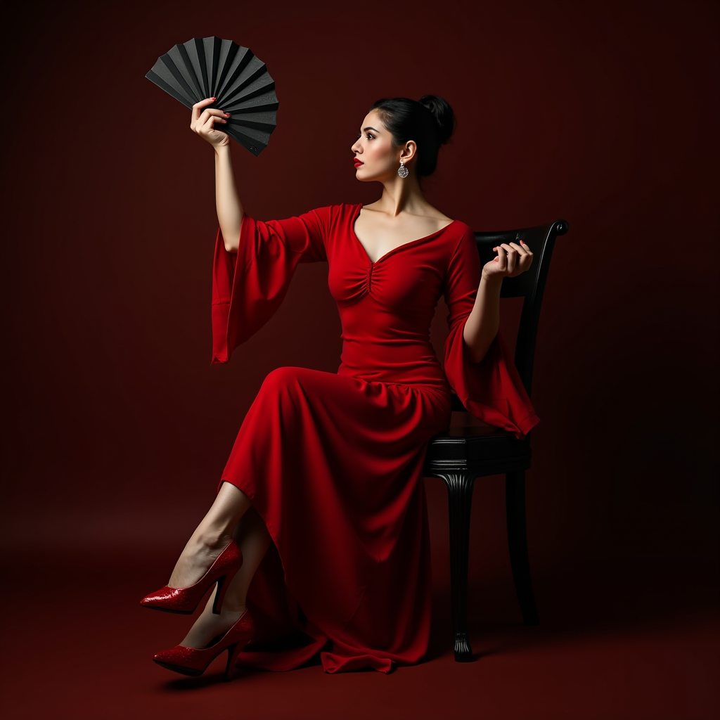 A woman in a flowing red dress poses elegantly on a black chair against a matching red background, holding a black fan with poise and grace.