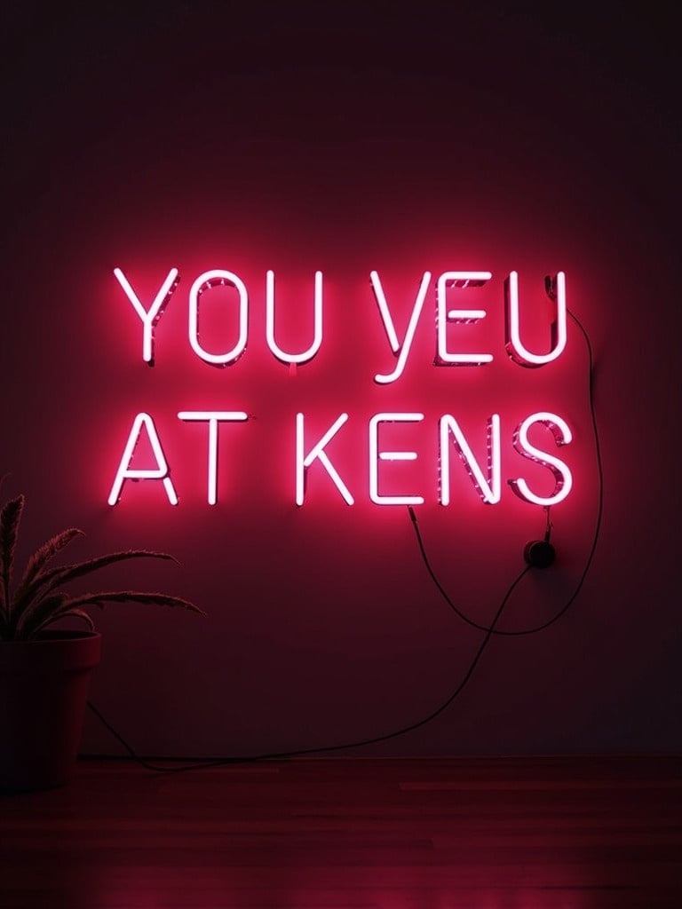 A neon sign glowing in bright pink. The text reads YOU YOU AT KENS. The sign is mounted on a wall. A potted plant is beside the sign.