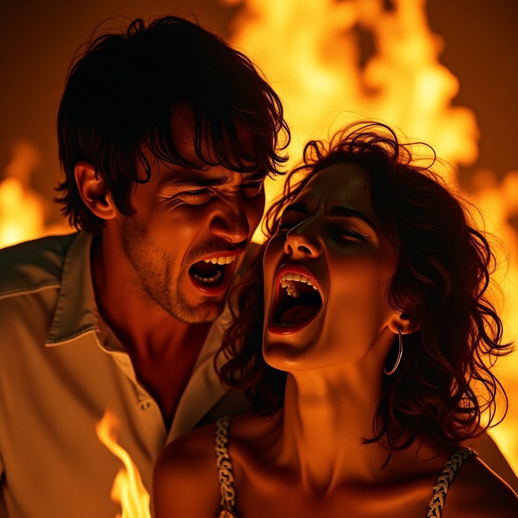 Two persons screaming in fear. They are surrounded by flames. The scene conveys intense emotion and resembles a horror film aesthetic.