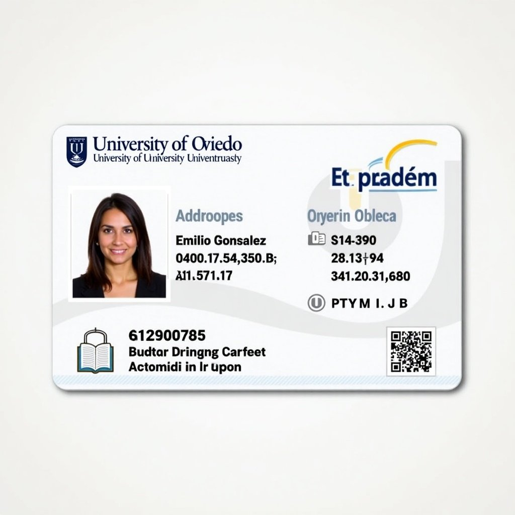 This image depicts a student ID card from the University of Oviedo, featuring a photo of a student named Emilio Gonzalez Gallego. The card includes essential identification information, such as the student ID number and additional identifiers. The design prominently displays the university's branding elements, emphasizing its academic environment. The ID card serves its purpose for identification within the institution. Bright lighting and a clear perspective showcase the details effectively.