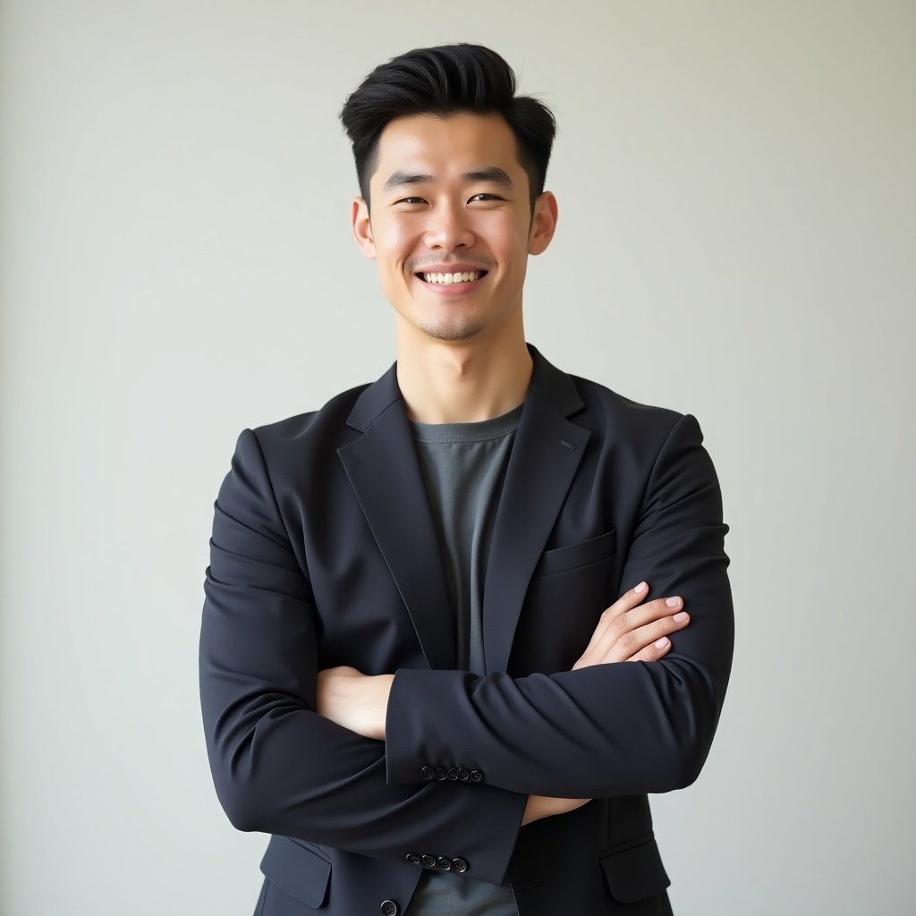 AI Avatar of a thirty-year-old man with Vietnamese descent. Man is standing and smiling. Outfit includes a simple t-shirt and suit jacket. Looks handsome with nice hair. Background is neutral. Arms crossed, conveys confidence.