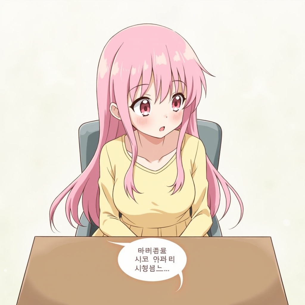 High angle view of a girl sitting at a desk. She has long pink hair and pink eyes. She wears a yellow dress and glances to the right. In front of her is a chat bubble with Korean text. The background is minimalistic and emphasizes the character. The overall mood is light and playful.