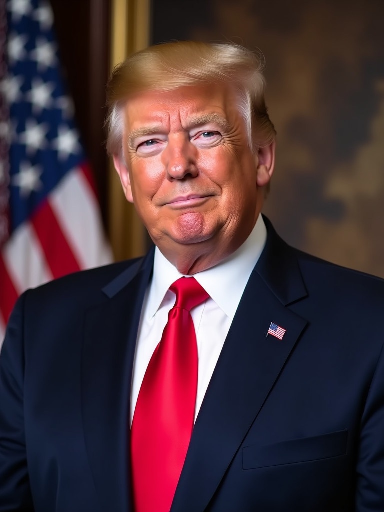 Formal portrait of a man wearing a suit and a red tie with an American flag in the background. The man is positioned front and center exuding confidence and authority.