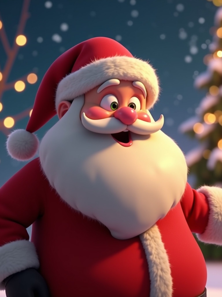 Animated image of Santa Claus. Santa has a playful kissing motion. Leaning forward, lips puckered exaggeratively. Rosy cheeks glow with holiday cheer. Background has twinkling Christmas lights and softly falling snowflakes. Glowing Christmas tree visible. Classic red suit emphasizes Santa's charm. Animation highlights joyful kissing action.