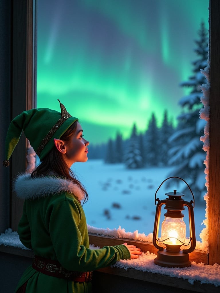 Elf gazing at northern lights from window. Snowy landscape outside with trees. Elf wears green costume with pointed ears. Lantern beside her creates warm glow. Magical winter scene evokes joy.