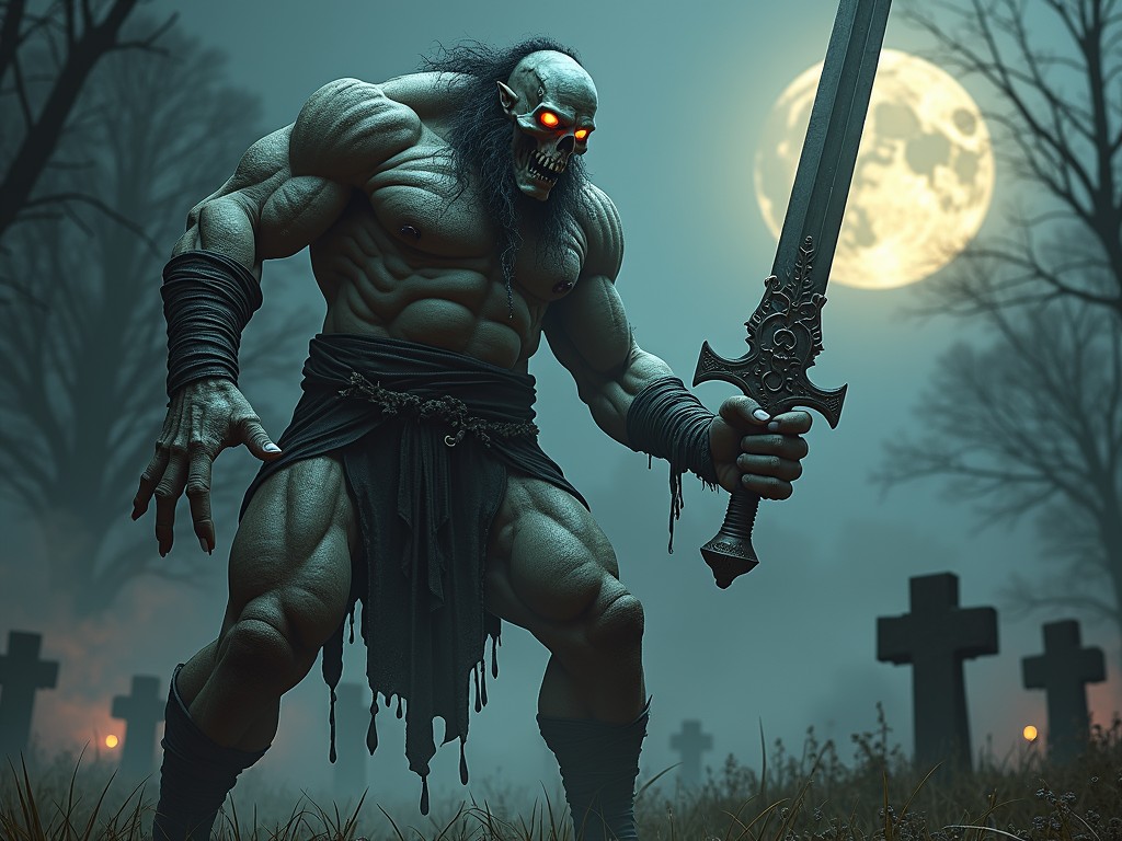 A colossal, menacing figure stands in a foggy graveyard, clenching a massive sword. The scene is bathed in a dark, eerie glow from a full moon, casting long shadows over the tombstones. The figure’s glowing eyes and skeletal visage create a sense of impending doom and otherworldly power.