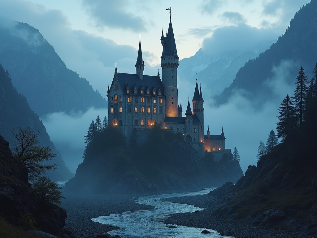 A majestic castle is situated on a rocky outcrop near a winding river. The architecture is elaborate, showcasing tall towers and intricate designs. Soft lights emanate from the windows, creating a warm glow against the cool evening sky. Surrounding mountains provide a dramatic backdrop, shrouded in mist. The scene evokes a sense of magic and fantasy, perfect for storytelling or artwork.