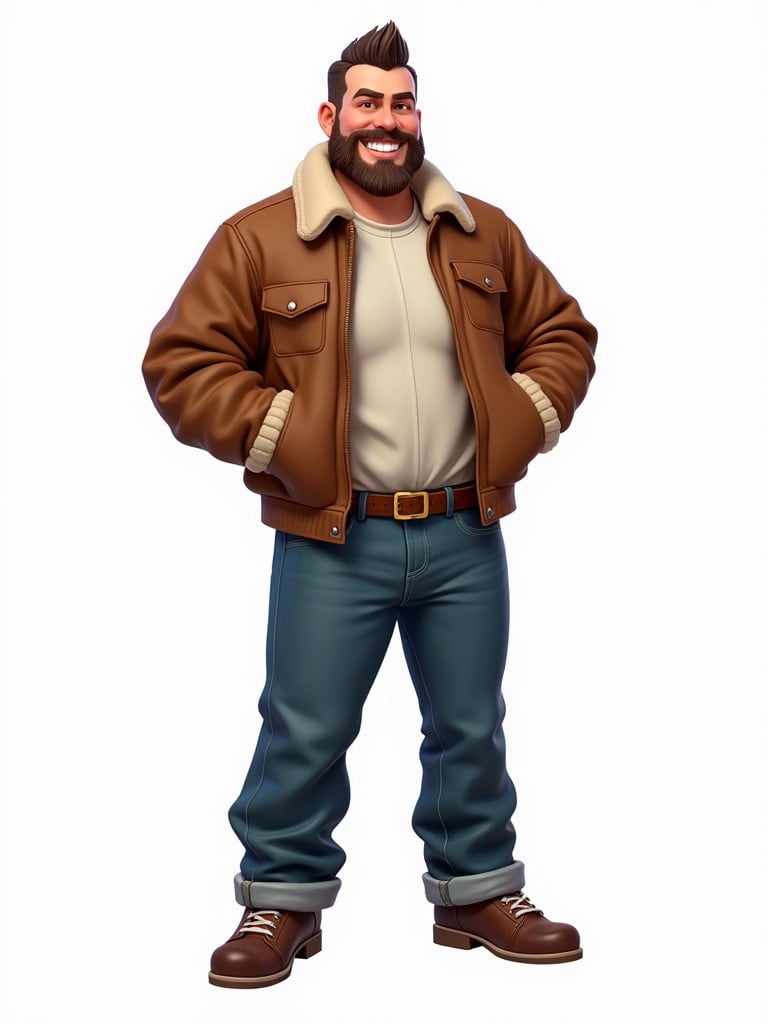 Character design features a burly man wearing a flight jacket and rolled up jeans. He has a confident smile and stands in a heroic pose on a plain white background.