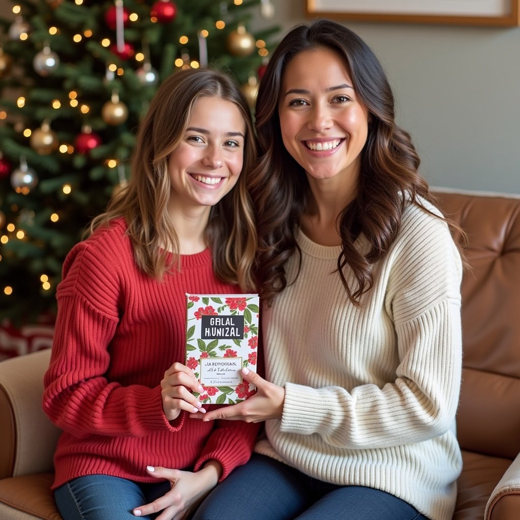 The image features two smiling women sitting together on a cozy couch beside a beautifully decorated Christmas tree. One woman is holding a book that appears to be a holiday-themed title, while they both exhibit warmth and joy. The interior is adorned with festive decorations, embodying the spirit of Christmas. The overall mood is cheerful and inviting, suggesting a strong familial bond. This joyful setting captures the essence of the holiday season, perfect for sharing blessings with loved ones.