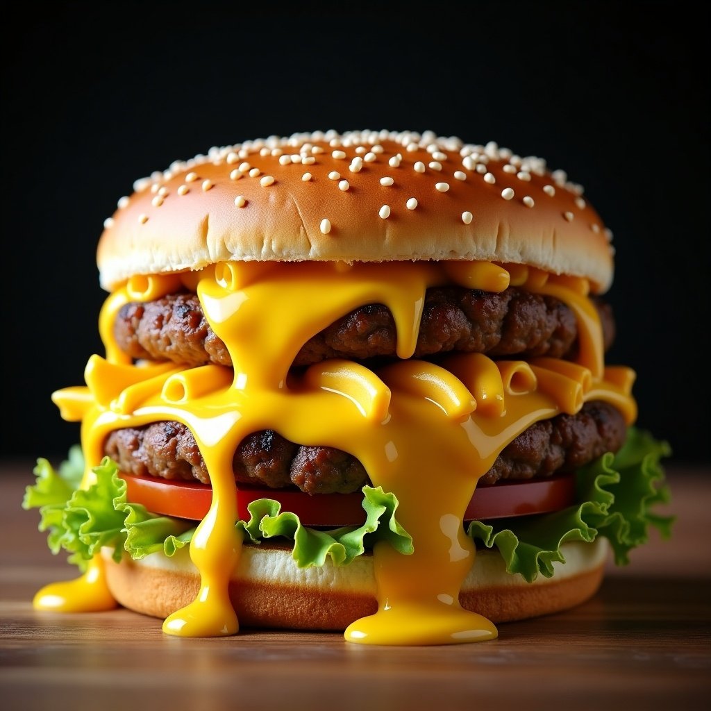 A double patty cheeseburger featuring melted mac and cheese. Dripping cheese runs down the sides. Bright iceberg lettuce and fresh tomato slices included. The burger is presented on a brioche bun. The image is ultra-realistic and appetizing.