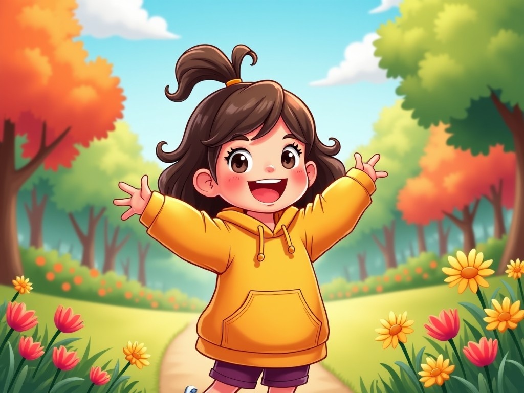 A cheerful ten-year-old girl is having fun in a vibrant, lush park. She has brown hair styled in a playful ponytail and is wearing a bright yellow hoodie. Surrounded by colorful flowers, she appears joyful with her arms wide open. The sunlight filters through the trees, creating a warm and inviting atmosphere. This scene captures the essence of a carefree childhood, making it perfect for family-oriented content.